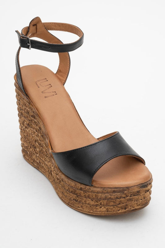 Elsie - Black Wedge Leather Sandal (Women)