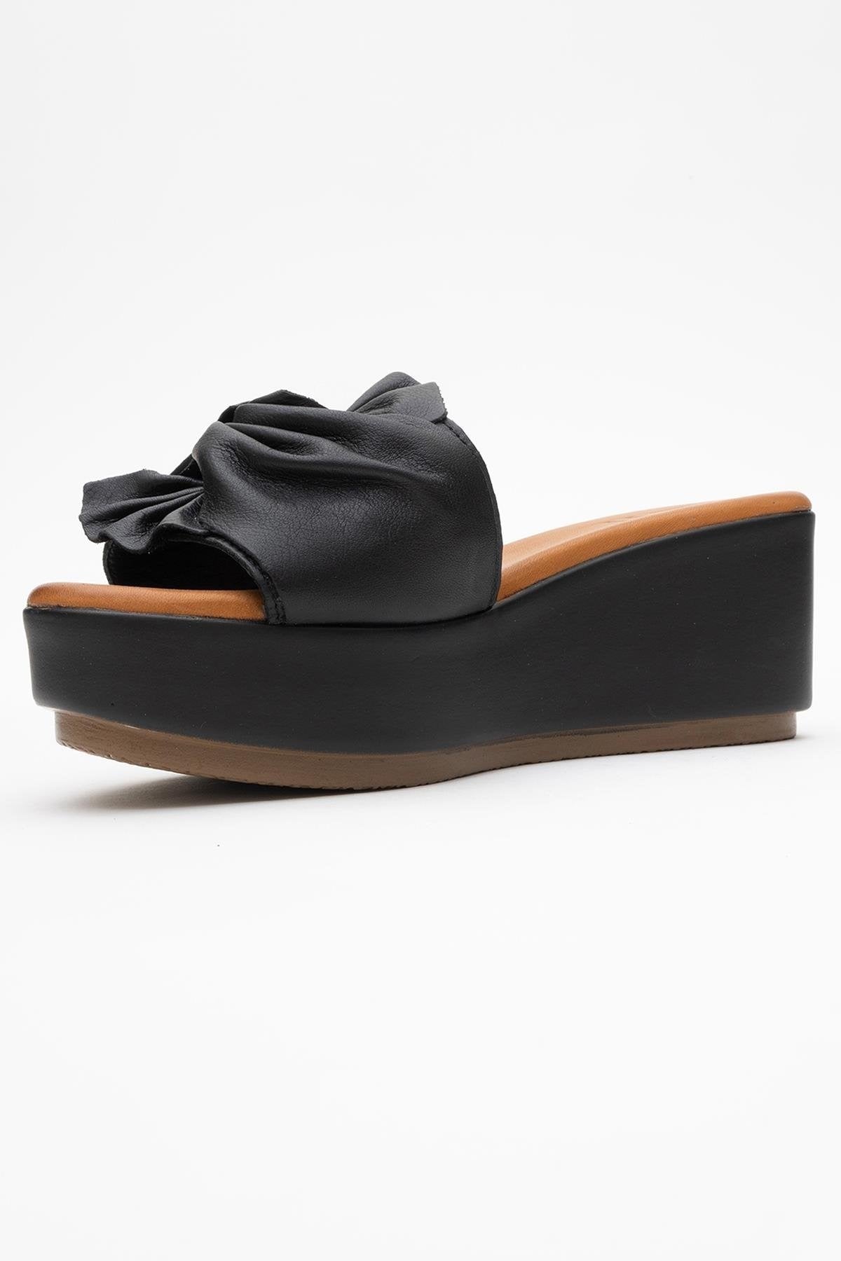 Syndra - Black Bow Wedge Leather Sandal (Women)