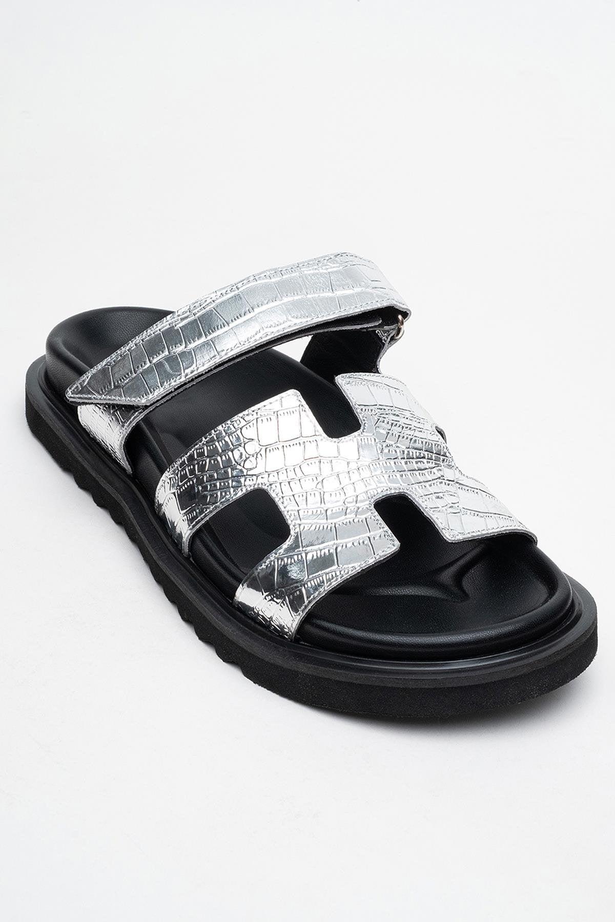 Loana Silver Leather Slide Sandal (Women)