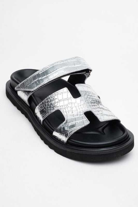 Loana Silver Leather Slide Sandal (Women)