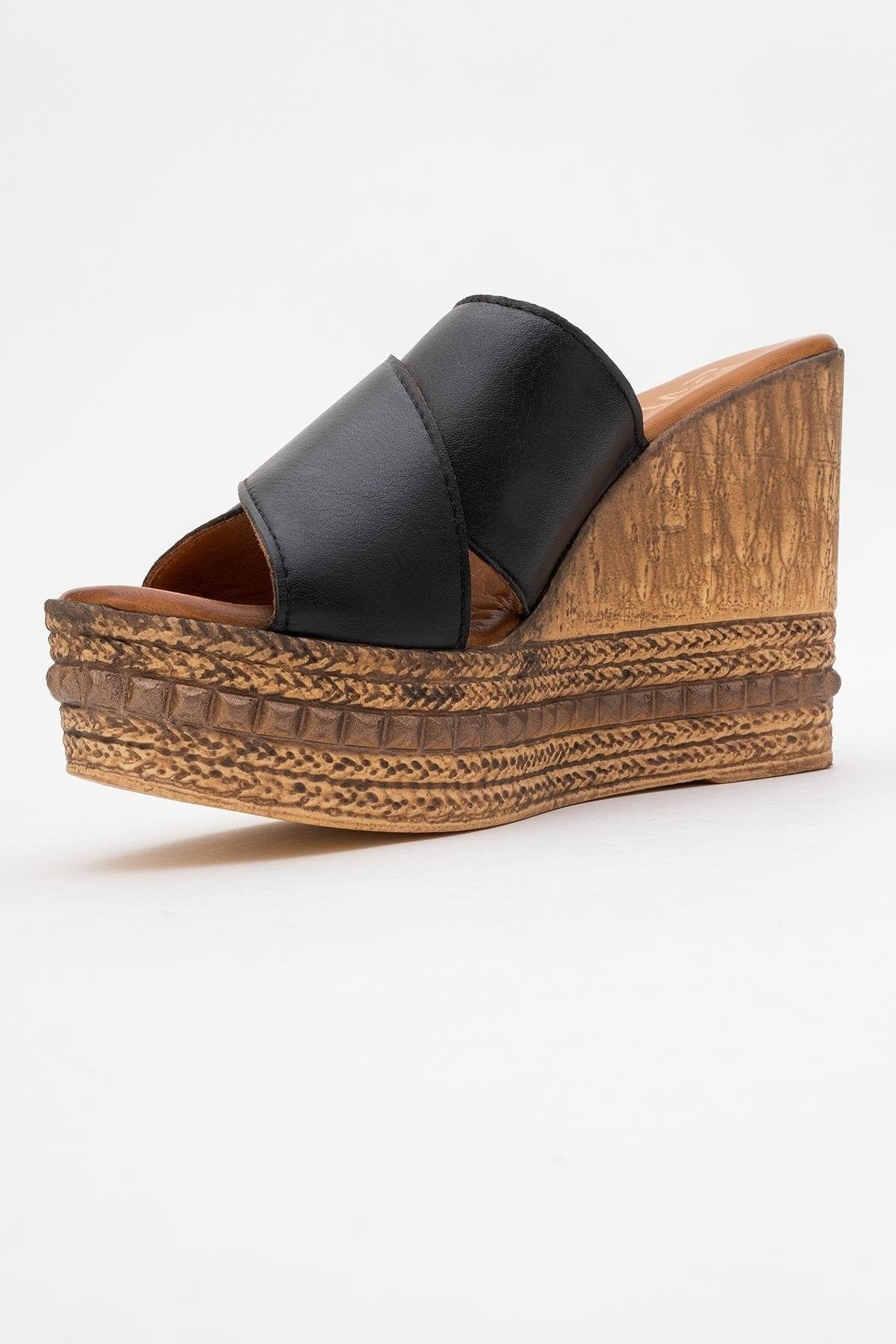 Lois - Black Wedge Leather Sandal (Women)