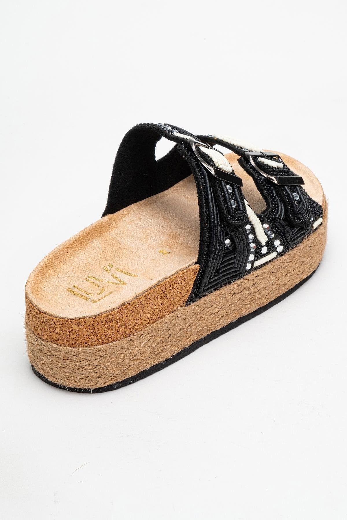 Bobby Black Beaded Straw Platform Slide (Women)