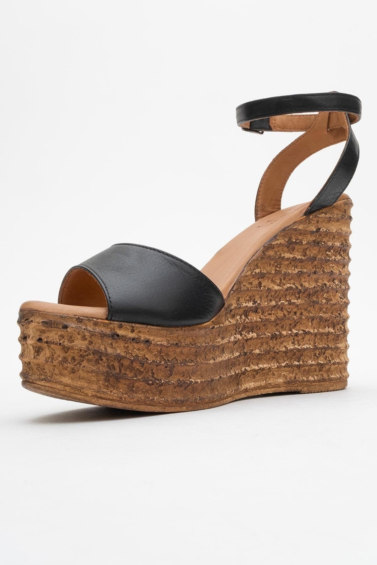 Elsie - Black Wedge Leather Sandal (Women)