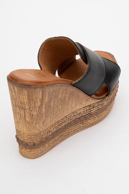 Lois - Black Wedge Leather Sandal (Women)