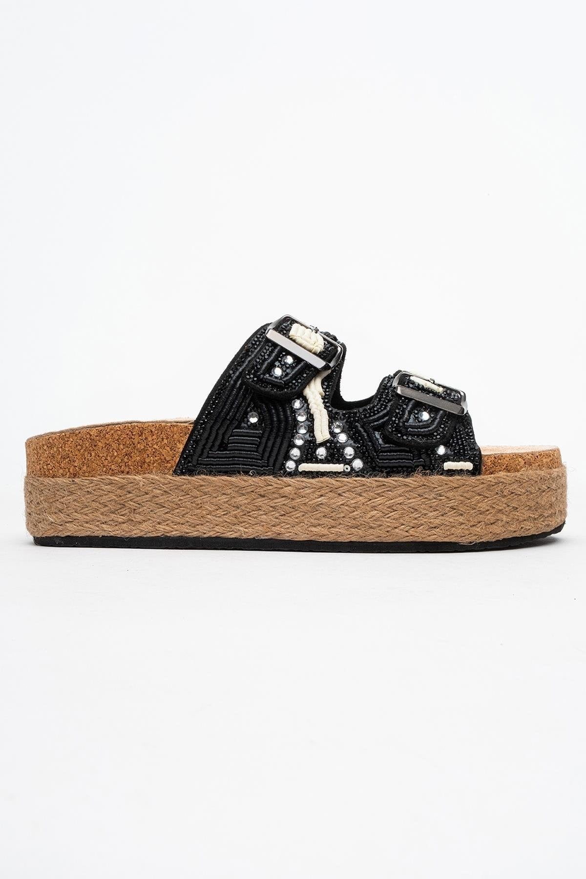 Bobby Black Beaded Straw Platform Slide (Women)