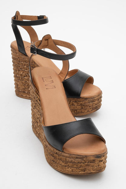Elsie - Black Wedge Leather Sandal (Women)