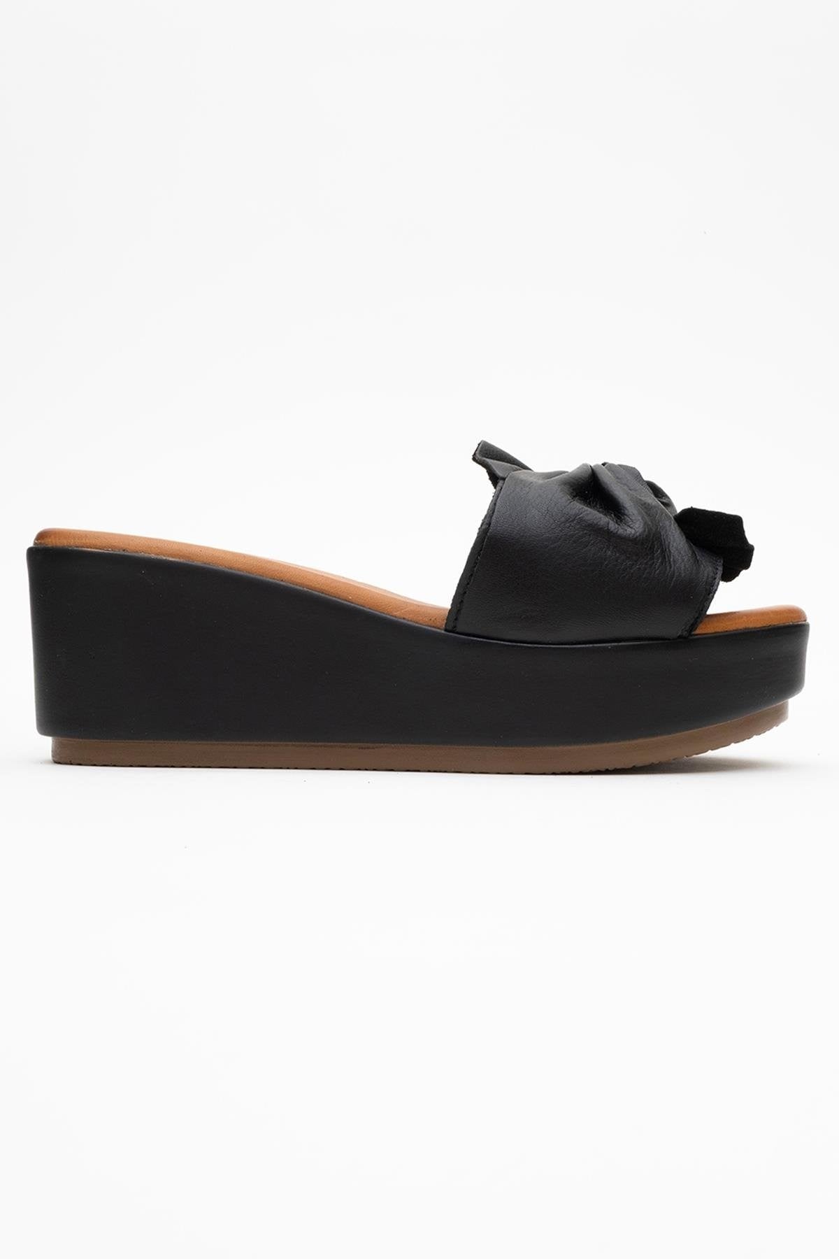 Syndra - Black Bow Wedge Leather Sandal (Women)