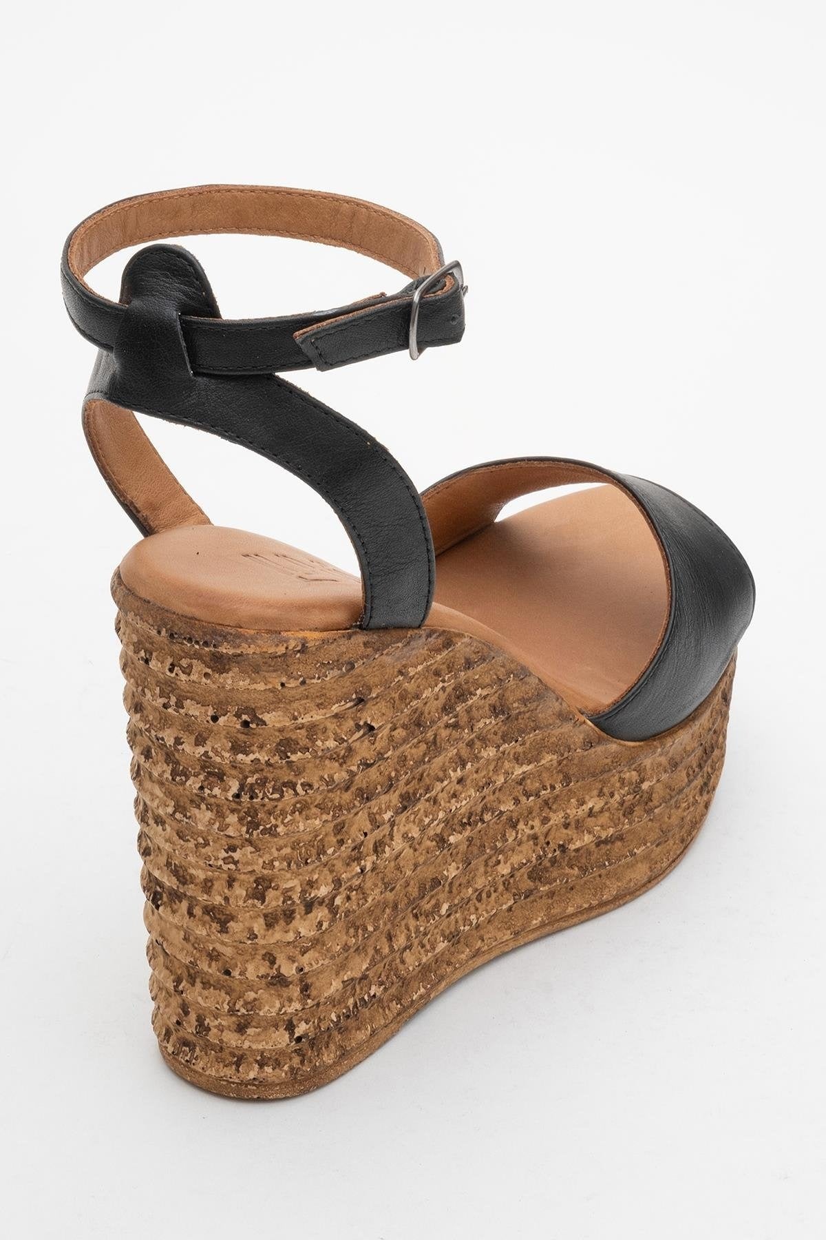 Elsie - Black Wedge Leather Sandal (Women)