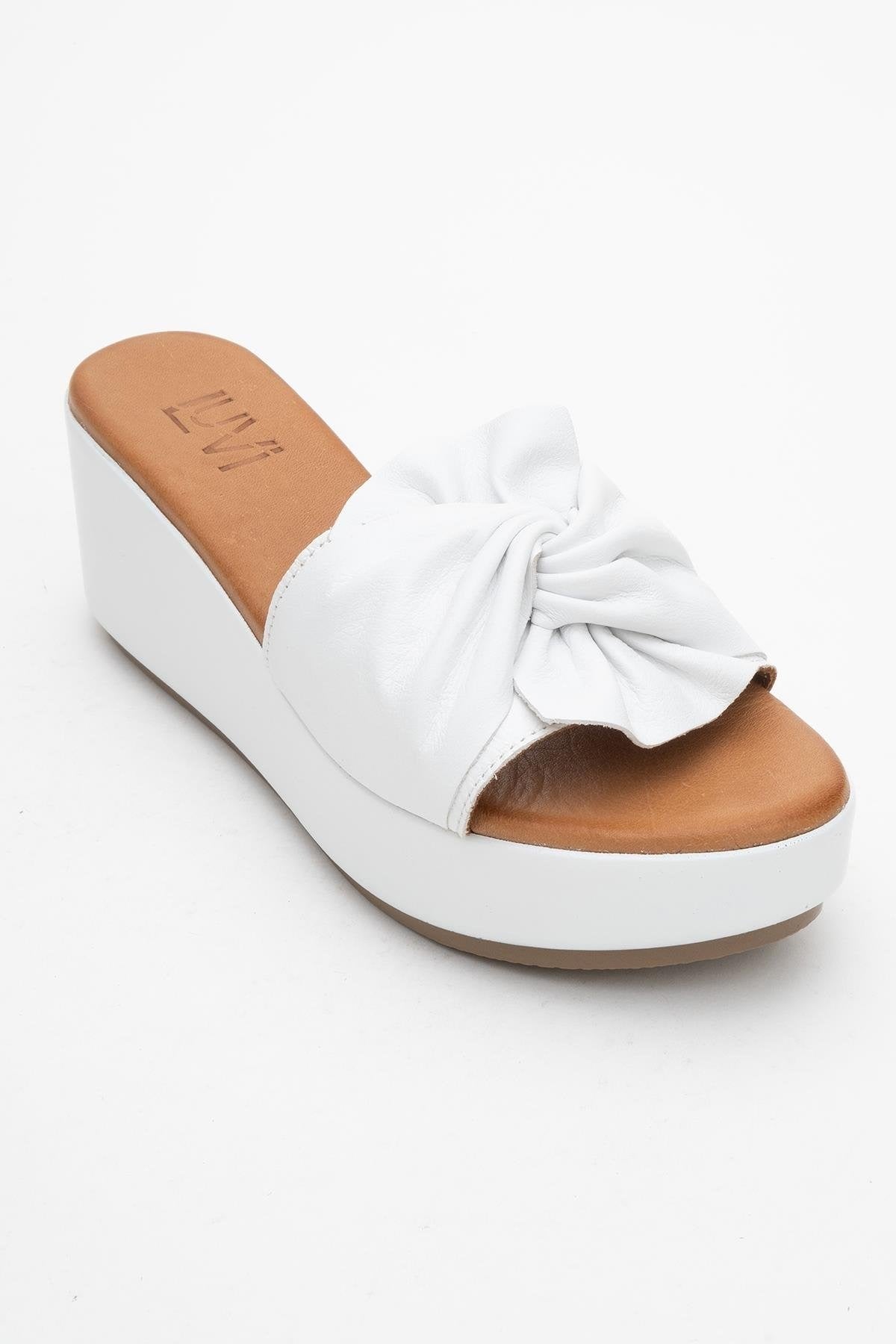 Syndra - White Bow Wedge Leather Sandal (Women)