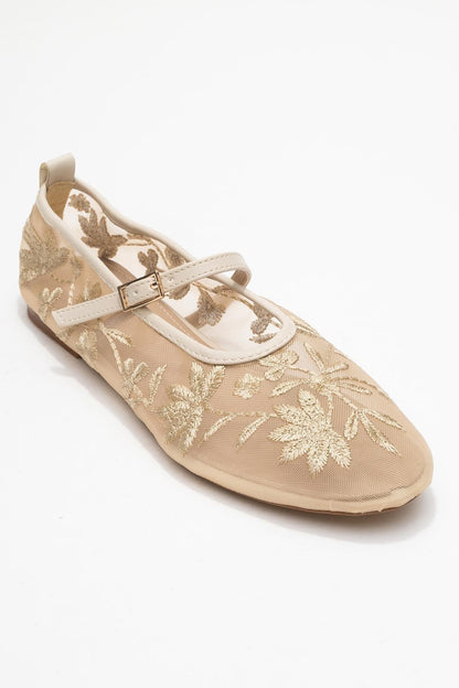 Juny Ivory Mesh Floral Embroidery Ballet Flat (Women)