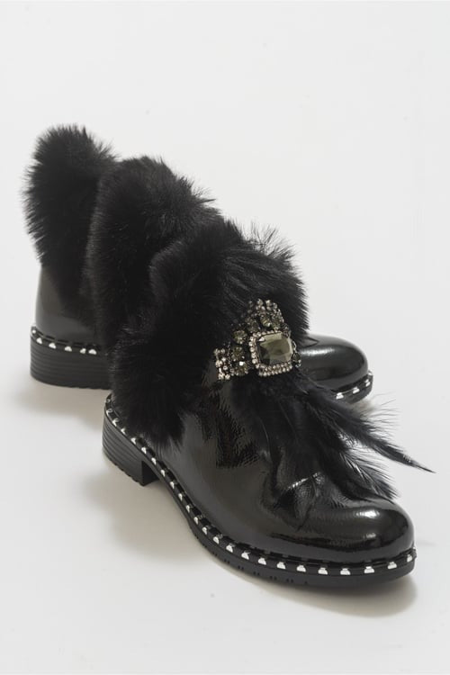 Polina Black Patent Fur Boots (Women)