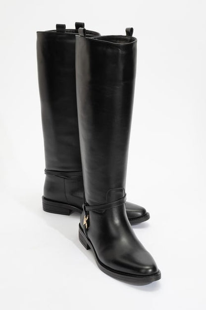 May Black Leather Buckle Boot (Women)