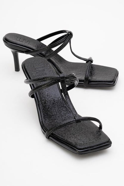 Mocha Black Pattern Square‑Toe Thin‑Strap Heel Sandal (Women)