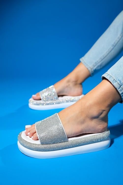 Oeste White Rhinestone Platform Slide (Women)