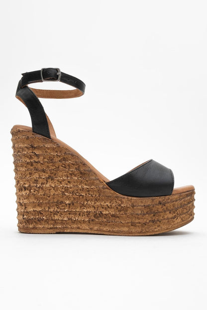 Elsie - Black Wedge Leather Sandal (Women)