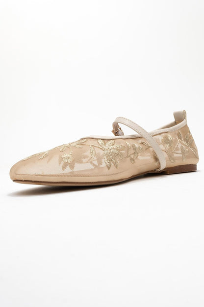 Juny Ivory Mesh Floral Embroidery Ballet Flat (Women)