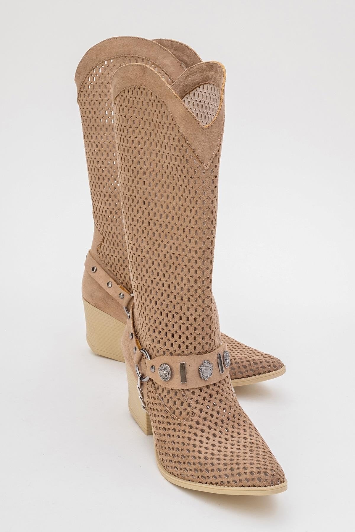 Liza Dark Beige Block Heel Western Boot (Women)