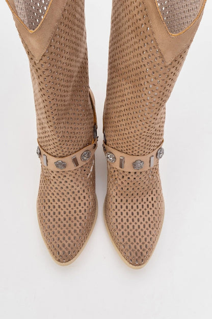 Liza Dark Beige Block Heel Western Boot (Women)