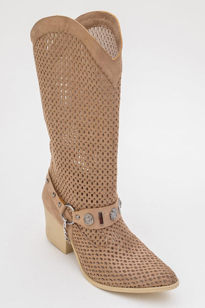 Liza Dark Beige Block Heel Western Boot (Women)