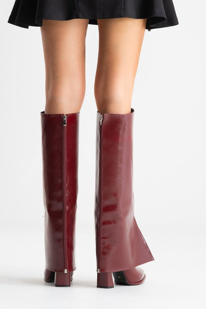 Aja - Burgundy Red Block Heel Convertible Knee High Boot (Women)