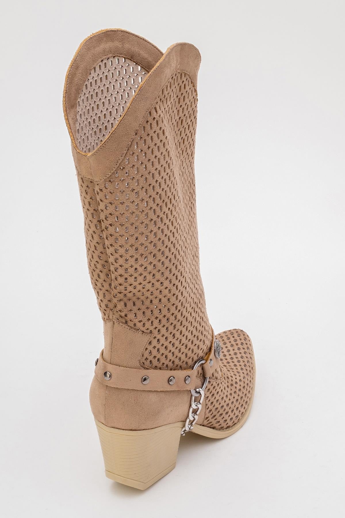 Liza Dark Beige Block Heel Western Boot (Women)