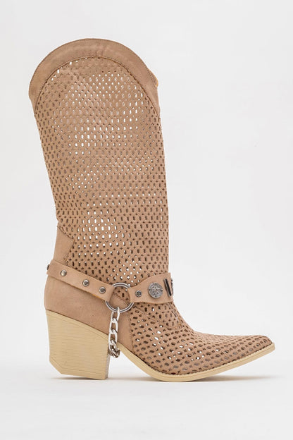 Liza Dark Beige Block Heel Western Boot (Women)
