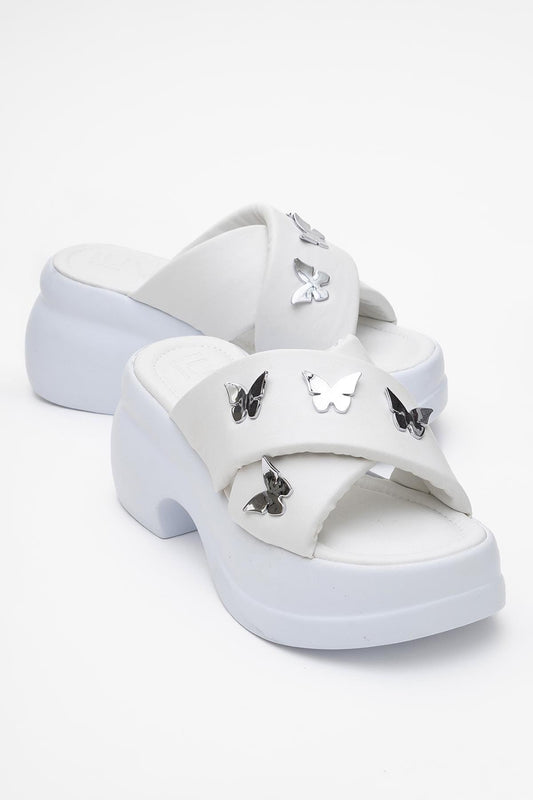 Force White Butterfly‑Buckle Platform Slide (Women)