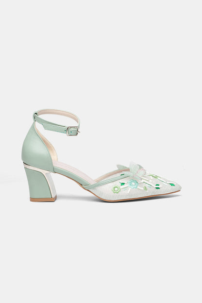 Iry Sage Green Butterfly Embroidered Mesh Bridal Pumps