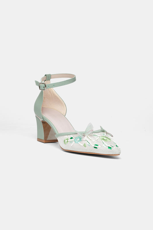 Iry Sage Green Butterfly Embroidered Mesh Bridal Pumps