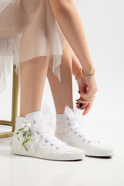 Sylvara - Floral Lace Ribbon Bridal High-Top Sneaker