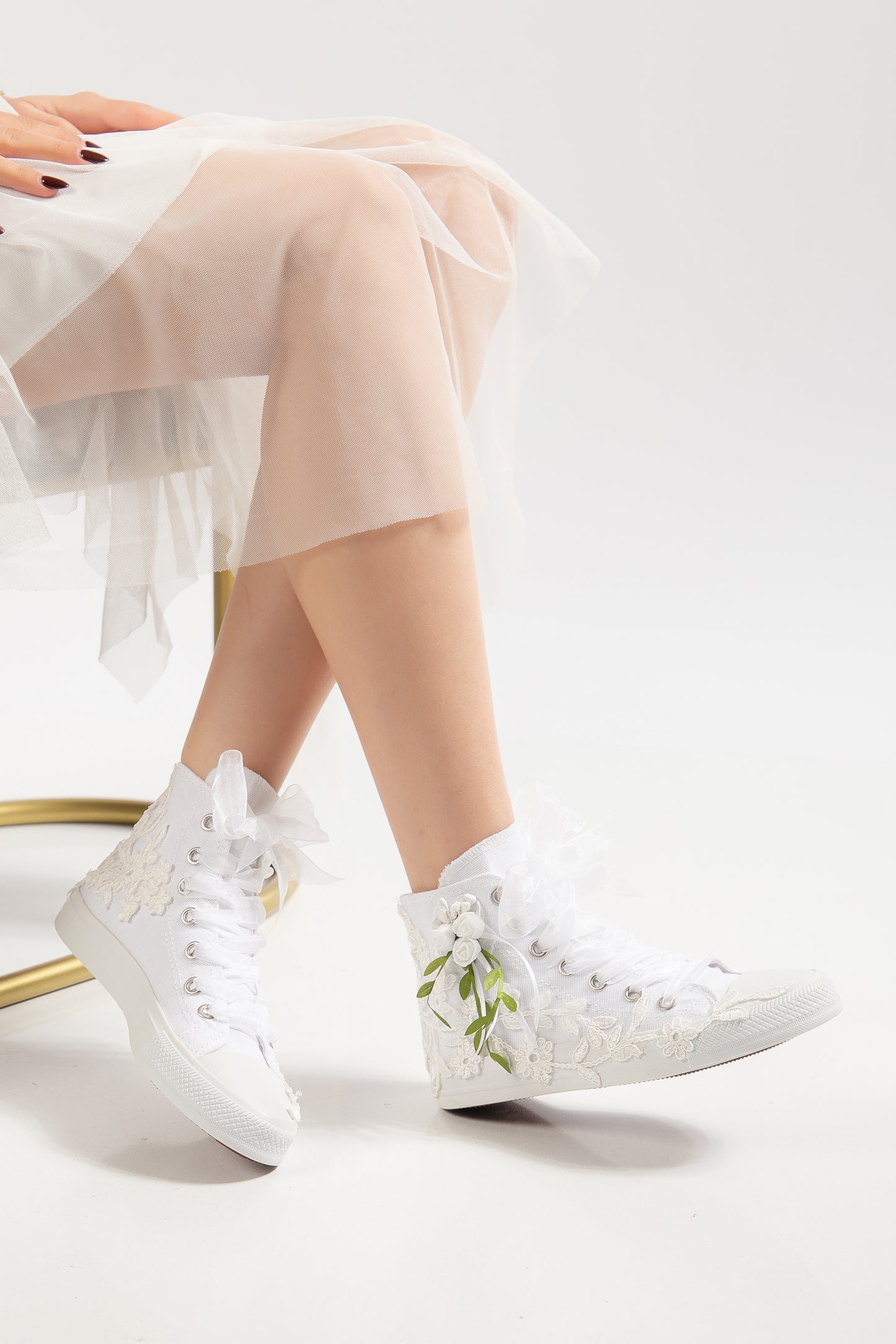 Sylvara - Floral Lace Ribbon Bridal High-Top Sneaker