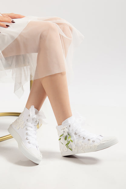 Sylvara - Floral Lace Ribbon Bridal High-Top Sneaker