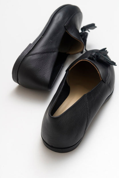 Mona - Black Soft Leather Tassel Loafers (Women)