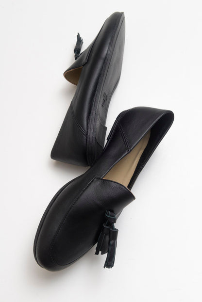 Mona - Black Soft Leather Tassel Loafers (Women)
