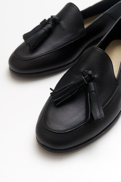 Mona - Black Soft Leather Tassel Loafers (Women)