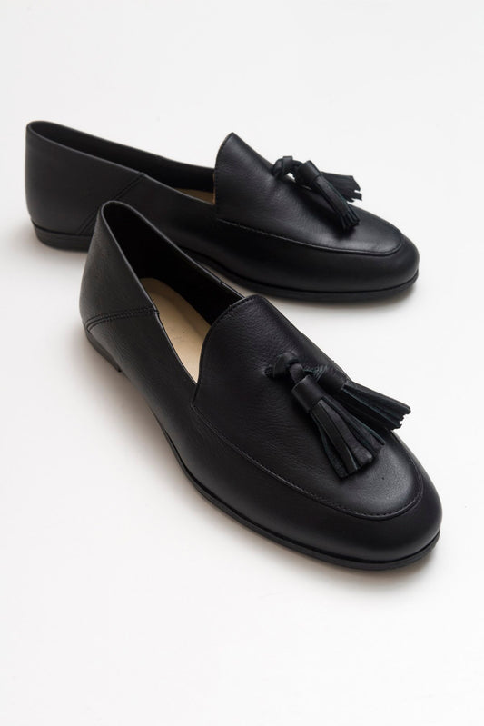 Mona - Black Soft Leather Tassel Loafers (Women)