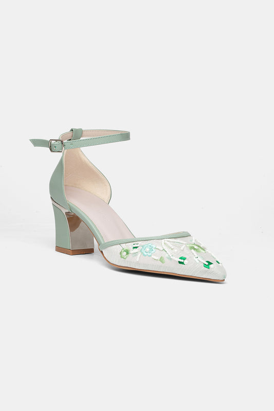Lorelai Sage Green Embroidered Mesh Bridal Pumps