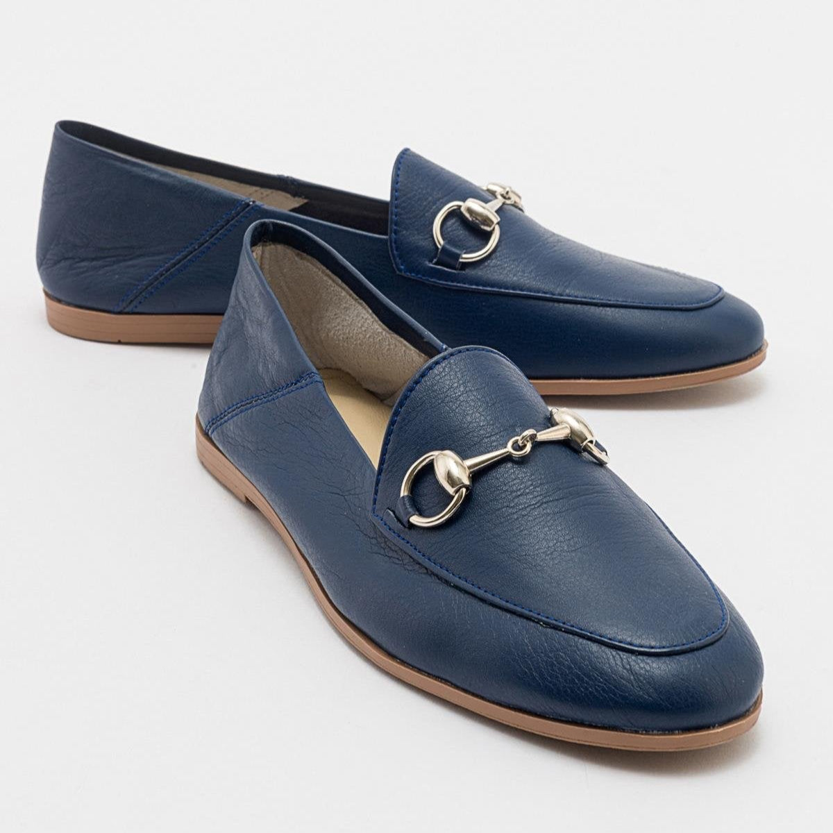 Penny - Navy Blue Leather Horsebit Loafers