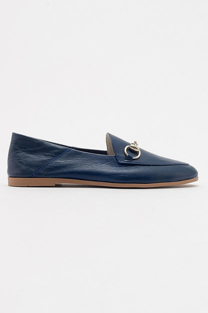 Penny - Navy Blue Leather Horsebit Loafers