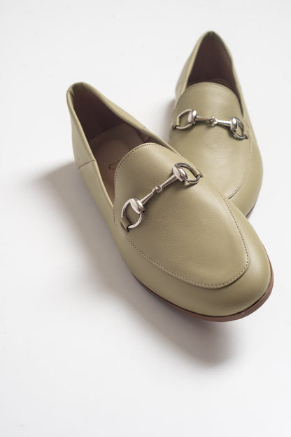 Penny - Olive Green Leather Horsebit Loafers