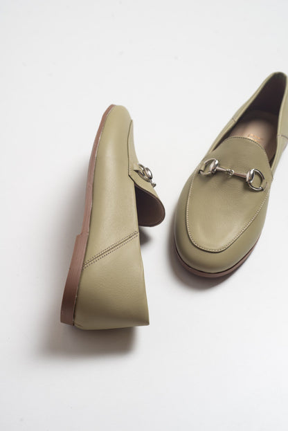 Penny - Olive Green Leather Horsebit Loafers