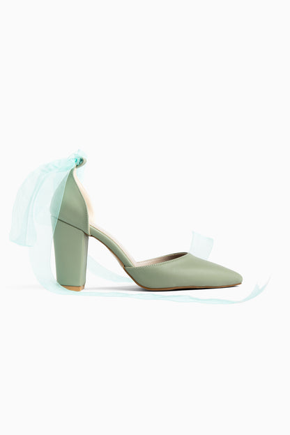 Gisele - Sage Green High Heels With Tulle Ribbon