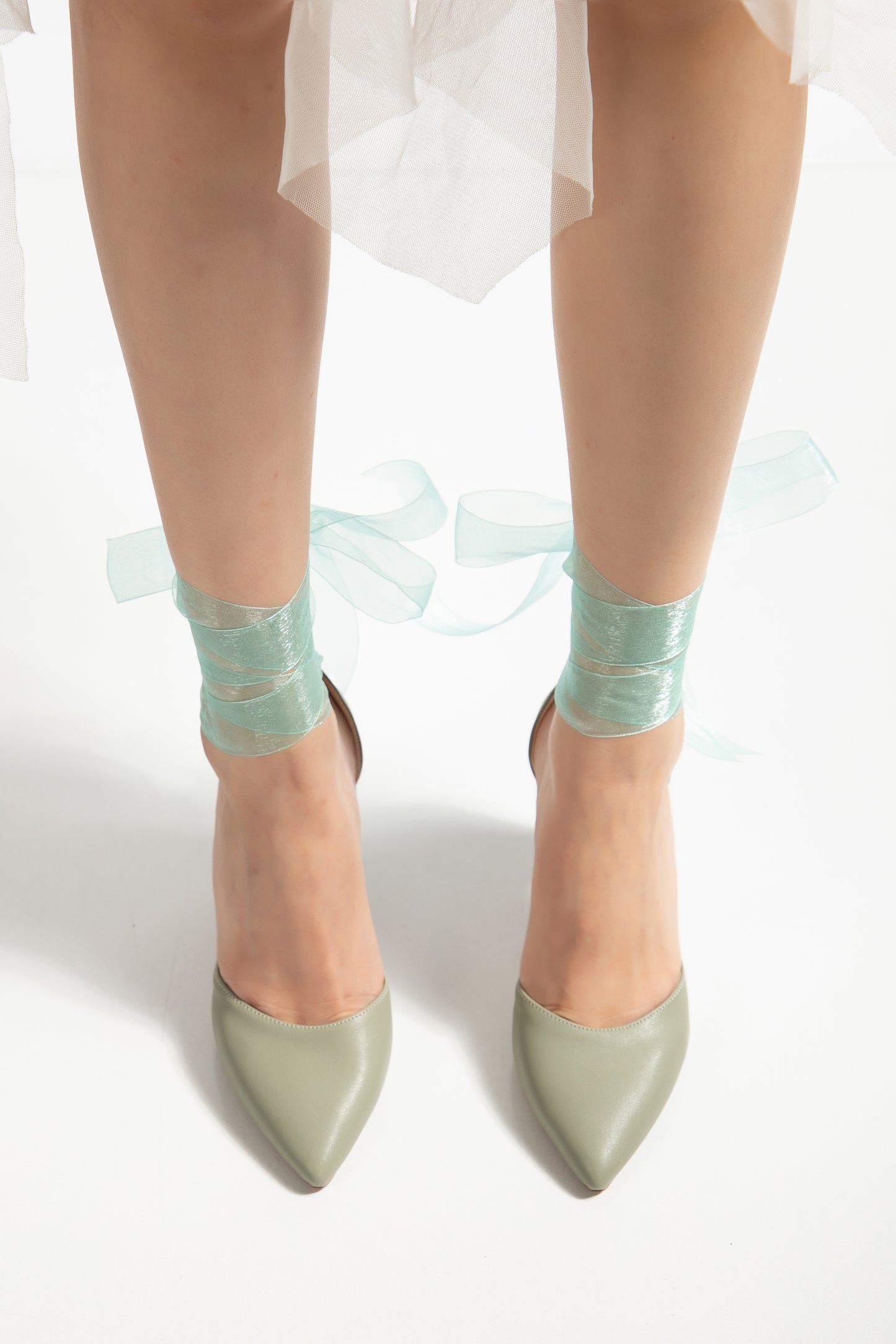 Gisele - Sage Green High Heels With Tulle Ribbon
