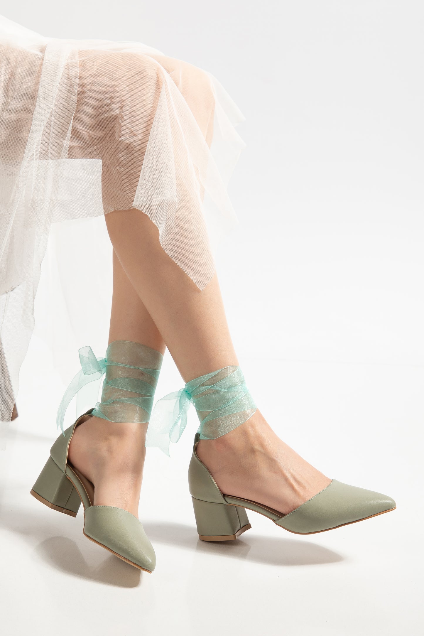 Fiona - Sage Green Heels With Tulle Ribbon