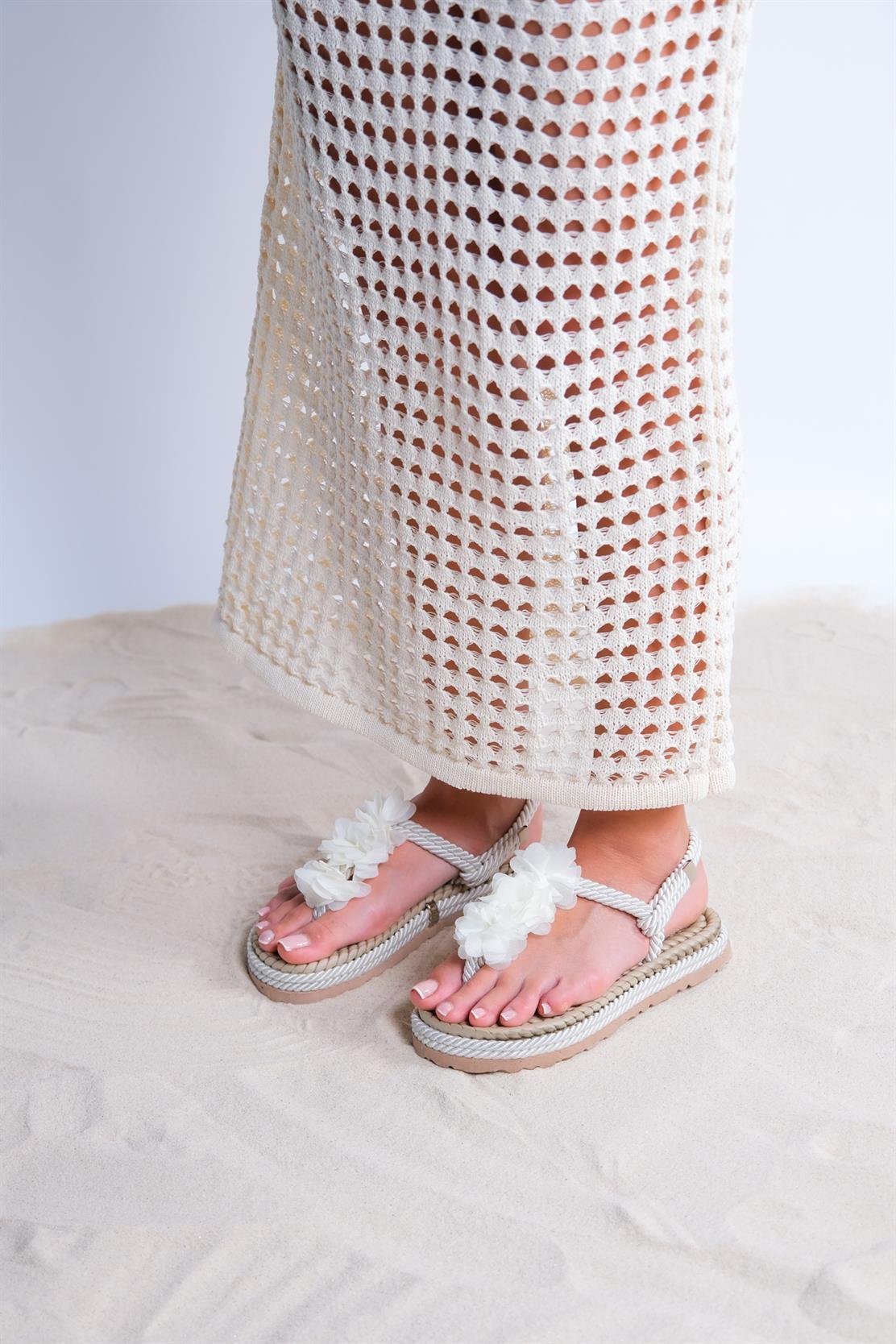 SANTRA Beige Lace-Up Thong Sandals (Women)