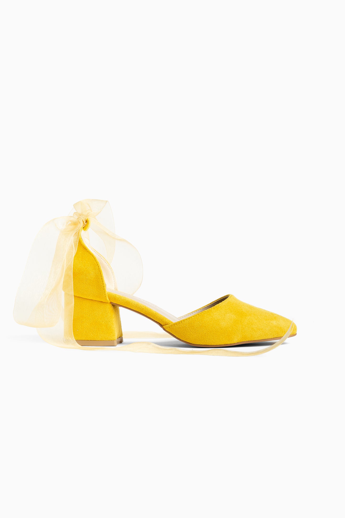 Fiona - Yellow Suede Heels With Tulle Ribbon