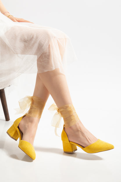 Fiona - Yellow Suede Heels With Tulle Ribbon