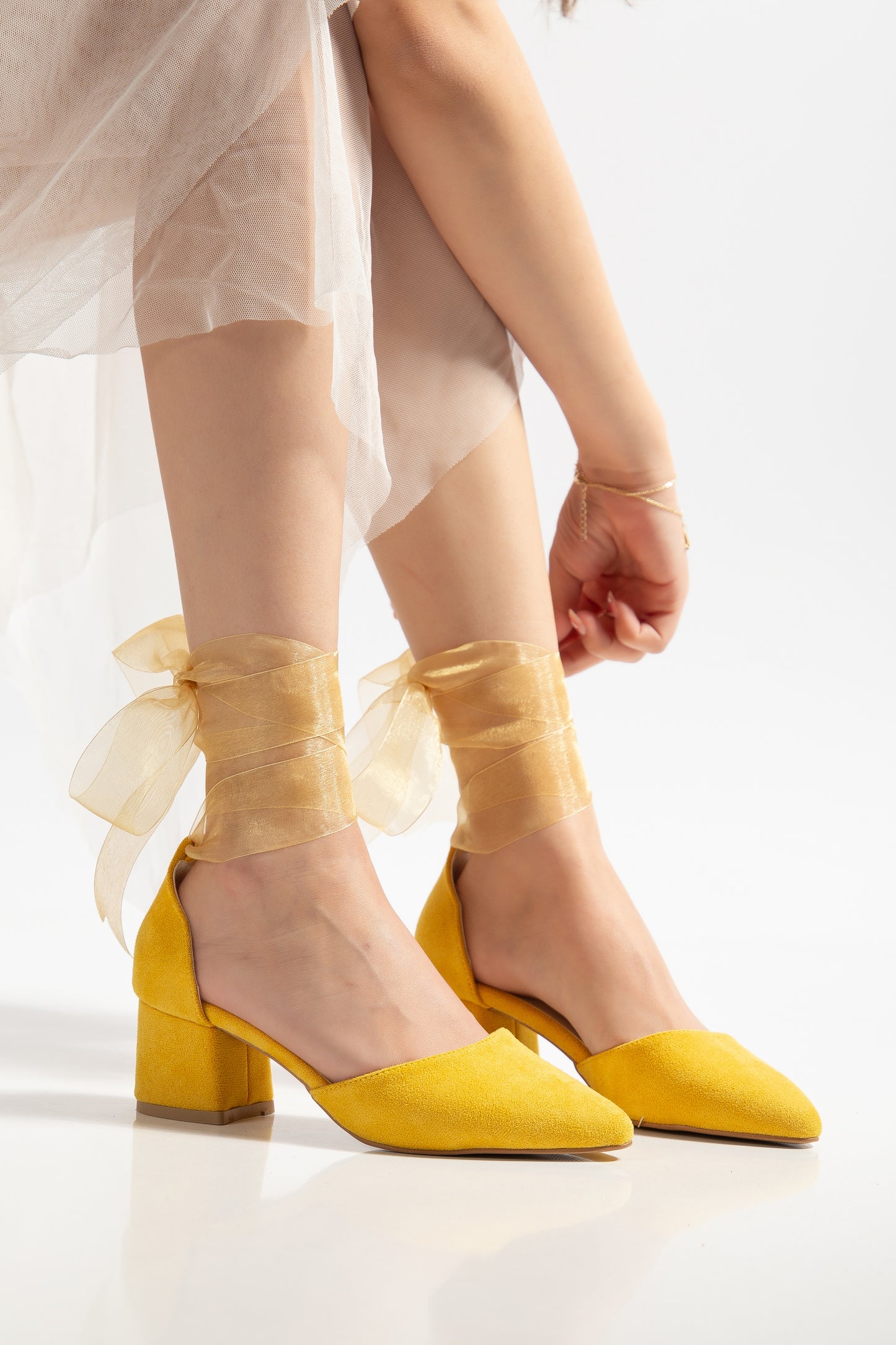 Fiona - Yellow Suede Heels With Tulle Ribbon
