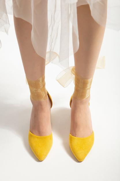 Fiona - Yellow Suede Heels With Tulle Ribbon