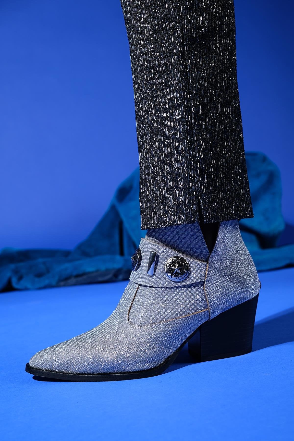 Kenda Silver Glitter Buckle Block Heel Boot (Women)